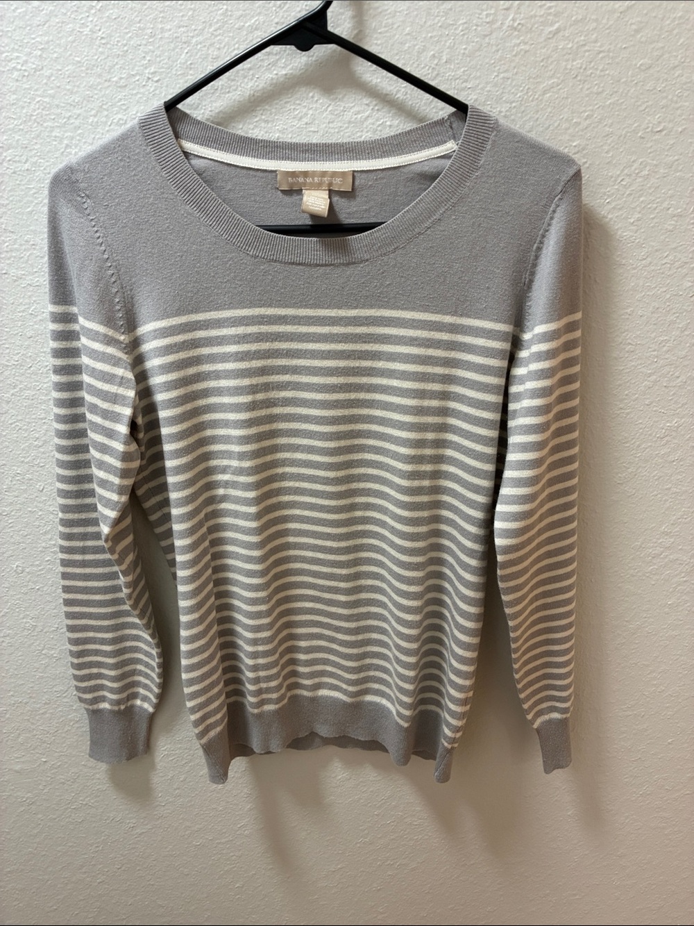 Banana Republic Gray and Cream Striped Silk Crewneck Sweater